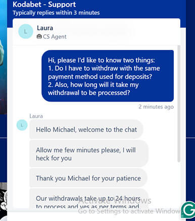 Kodabet live chat test